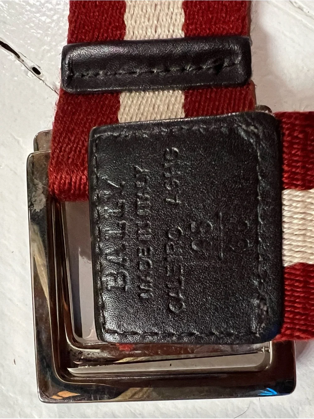 Bally Striped Red and White Fabric Belt with Silver Buckle